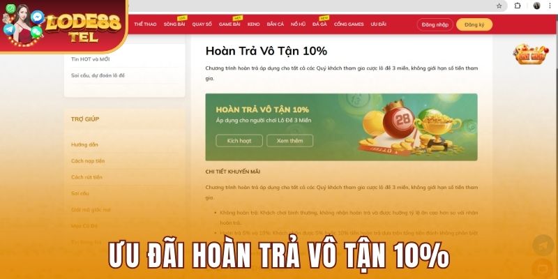 Ưu đãi hoàn trả vô tận 10%